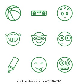 Yellow icons set. set of 9 yellow outline icons such as beach ball, level ruler, highlighter, emoji in mask, sweating emot, laughing emot, emot showing tongue, nerd emoji