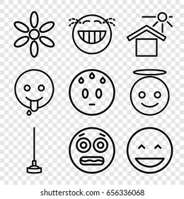 Yellow icons set. set of 9 yellow outline icons such as sun, hoe, house under sun, laughing emot, sweating emot, emoji angel, shocked emoji