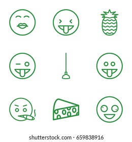 Yellow icons set. set of 9 yellow outline icons such as hoe, cheese, pineapple, crazy emot, emoji showing tongue