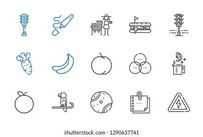 yellow icons set. Collection of yellow with high voltage, sticky note, tennis ball, parrot, tangerine, lime, rgb, peach, banana, carrot, traffic light. Editable and scalable yellow icons.