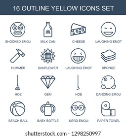 yellow icons. Trendy 16 yellow icons. Contain icons such as shocked emoji, milk can, cheese, laughing emot, hummer, sunflower, sponge, hoe, gem. yellow icon for web and mobile.