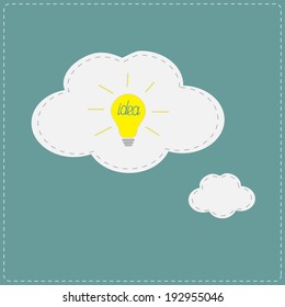 Yellow  idea light bulb in speech and thought bubble cloud. Flat design. Vector illustration.