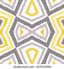 Yellow Ikat Arabic Vector Seamless Pattern. Ogee Tribal Texture. African Retro Shibori Print. Gray Stripe Uzbek Ornament.
