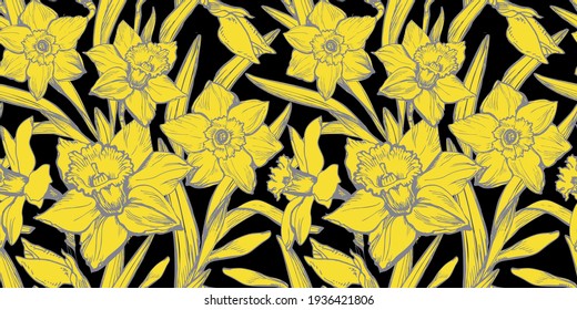 Yellow Illuminating Close up Daffodils Hand Drawn on Black Background. Floral seamless pattern with flowers in full bloom. Colors trend vector graphic for textile, wallpaper, bedding.