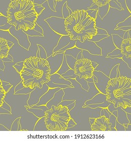 Yellow Illuminating Closeup Daffodil Outline flowers Drawn by Hand on Ultimate Gray Background. Floral contour seamless pattern with contoured daffodil flowers for textile, wallpaper, bedding.