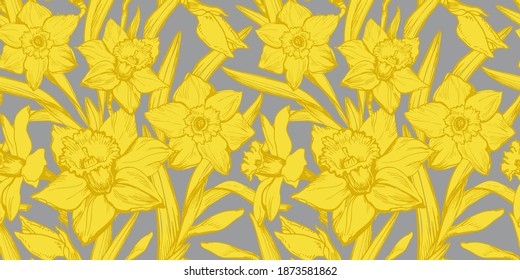 Yellow Illuminating Daffodils Hand Drawn Closeup on Gray Background Ultimate Gray. Floral seamless pattern with silhouettes of narcissus flowers in full bloom for textile, wallpaper, bedding.