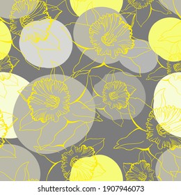 Yellow Illuminating hand drawn outline silhouettes of flowers Daffodils on Ultimate Gray background. Floral trendy seamless pattern with narcissus in full bloom for textile, wallpaper, bedding.