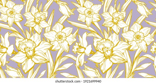 Yellow Illuminating hand drawn white silhouettes of flowers Narcissus and leaves on pastel background. Floral trendy seamless pattern with daffodil in full bloom for textile, wallpaper, bedding.