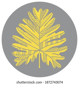 Yellow Illuminating and Ultimate Gray. Vector illustration of a tropical plant. Larate. Yellow fern isolated on grey background. Hand drawn branches and leaves