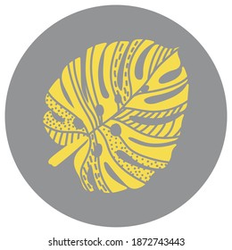 Yellow Illuminating and Ultimate Gray. Vector illustration of a tropical plant. Monstera. Yellow fern isolated on grey background. Hand drawn branches and leaves