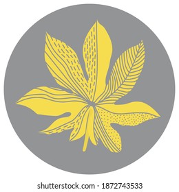 Yellow Illuminating and Ultimate Gray. Vector illustration of a tropical plant. Aralia. Yellow fern isolated on grey background. Hand drawn branches and leaves