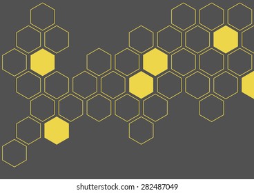 yellow illustration of hexagon pattern is abstract pattern arranged of hexagon from shape of beehive and honeycomb on black background