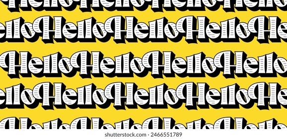 A yellow illustration of repeated word 'Hello' in typographic style
