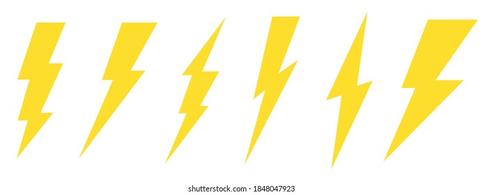 Yellow illustrations of thunder and lightning, icon set isolated on white background. Electric lightning art design. Vector illustration EPS 10