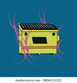 Yellow industrial dumpster unit with purple tribal lines. Streetwear style large garbage container illustration with sharp cyber sigilism