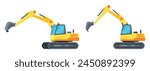 Yellow Industrial Excavator Isolated on White. Plastic Children Toy. Heavy Building Machine. Excavator with Shovel or Scoop. Heavy Industrial Equipment. Cartoon Flat Vector Illustration