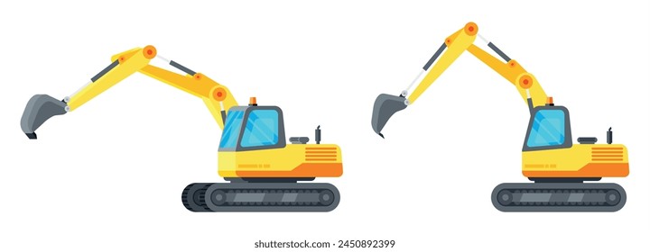 Yellow Industrial Excavator Isolated on White. Plastic Children Toy. Heavy Building Machine. Excavator with Shovel or Scoop. Heavy Industrial Equipment. Cartoon Flat Vector Illustration