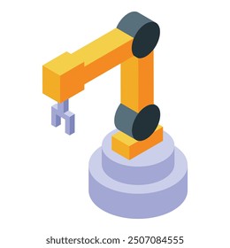 Yellow industrial robotic arm with a mechanical tool is working on a production line