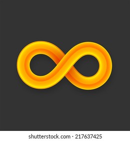 Yellow infinity symbol icon from glossy wire with shadow isolated on black background, sign concept of business endless motion vector illustration