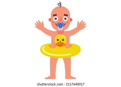 yellow inflatable duck lifebuoy raid on a child. flat vector illustration.