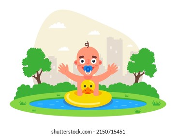 yellow inflatable duck lifebuoy raid on a child. flat vector illustration.