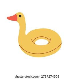 Yellow inflatable duck pool float illustration. Flat design summer beach toy or swimming ring isolated on a white background, perfect for vacation advertising and resort graphics.