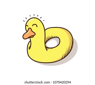Yellow inflatable duck ring isolated on white. Vector hand drawn doodle illustration. Kid playful buoy icon