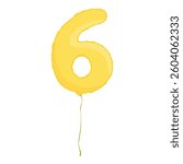 Yellow inflatable foil balloon icon. Party decoration figure. Glossy golden 6 six number isolated on white background. Vector