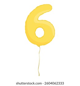 Yellow inflatable foil balloon icon. Party decoration figure. Glossy golden 6 six number isolated on white background. Vector