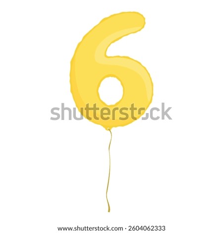 Yellow inflatable foil balloon icon. Party decoration figure. Glossy golden 6 six number isolated on white background. Vector