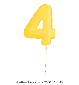 Yellow inflatable foil baloon icon. Party decoration figure. Glossy golden 4 four number isolated on white background. Vector