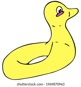 yellow inflatable ring in the form of a bird, a duck for swimming in the sea or pool, vector color doodle element with black outline