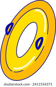 Yellow inflatable swimming ring with blue handles on a white background. Summer, swimming accessory, and safety equipment vector illustration.