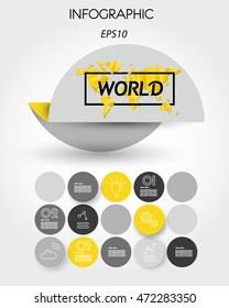yellow infographic element with world map, round concept