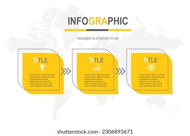 yellow infographic elements   template, business concept with 3 steps on world map  , rectangle shape design for workflow  layout, diagram, annual report, web design.Creative banner, label vector