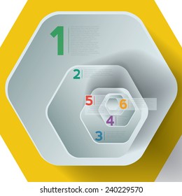 Yellow infographic hexagons in 6 steps. Easy to edit vector with drop shadows made using gradient mesh.