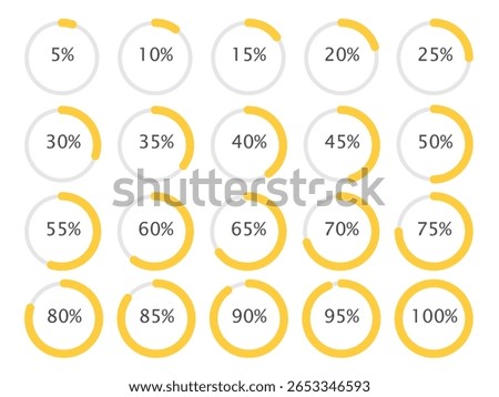 Yellow infographic pie charts. Loading data interface. Circle percent diagram. Percentage Indicator Icons for UI UX web design, app, business dashboard, website, progress visualization