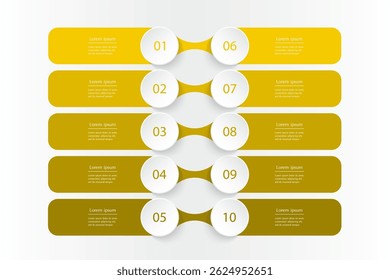 Yellow infographic template with 10 steps, options, parts or processes. Presentation of teamwork or business processes.