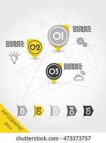yellow infographic template with three round pointers, three options