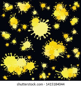 Yellow ink blots seamless background.  Drawing in school. Bright summer illustration with spots.  Vector Illustration 
