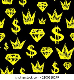 Yellow ink crowns, diamonds and dollars isolated on black background. Cute monochrome seamless pattern. Vector simple flat graphic hand drawn illustration. Texture.