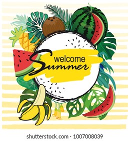 of yellow ink.Hello Summer inscription on the background of watermelon. Green fashion. Vector illustration on striped background. Watermelons, tropical palm leaves