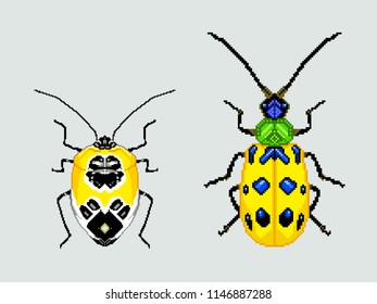 Yellow insect bugs.Pixel art. Vector Illustration isolated on background.