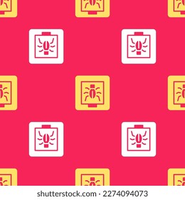 Yellow Insects in a frame icon isolated seamless pattern on red background. Herbarium.  Vector