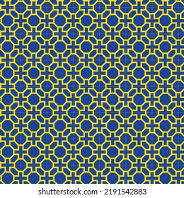 Yellow interlaced pattern on blue background. Yellow interlocking pattern on blue backdrop.
