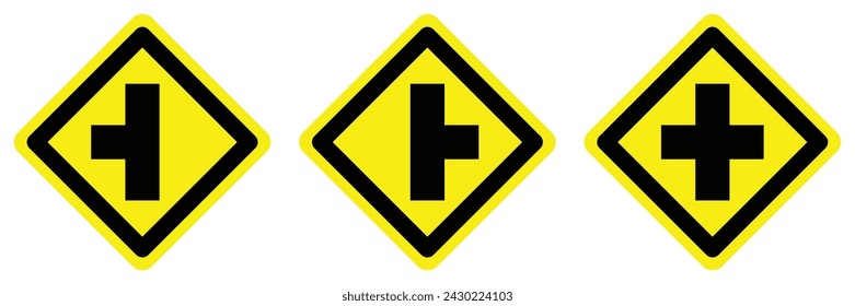yellow Intersection junction cross right and left road traffic sign arrow direction icon crossroad. exclamation, hazard sign symbol logo design for web mobile isolated white background illustration.