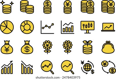 Yellow investment line drawing icon set