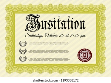 Yellow Invitation. Complex background. Detailed. Perfect design. 