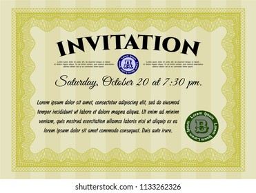 Yellow Invitation. Customizable, Easy to edit and change colors. With great quality guilloche pattern. Money design. 