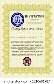 Yellow Invitation. Detailed. With complex linear background. Beauty design. 